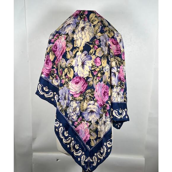 Vintage Jeannene Booher Silk Floral PrintShawl Wrap Neck Scarf Blue Purple - Picture 2 of 5